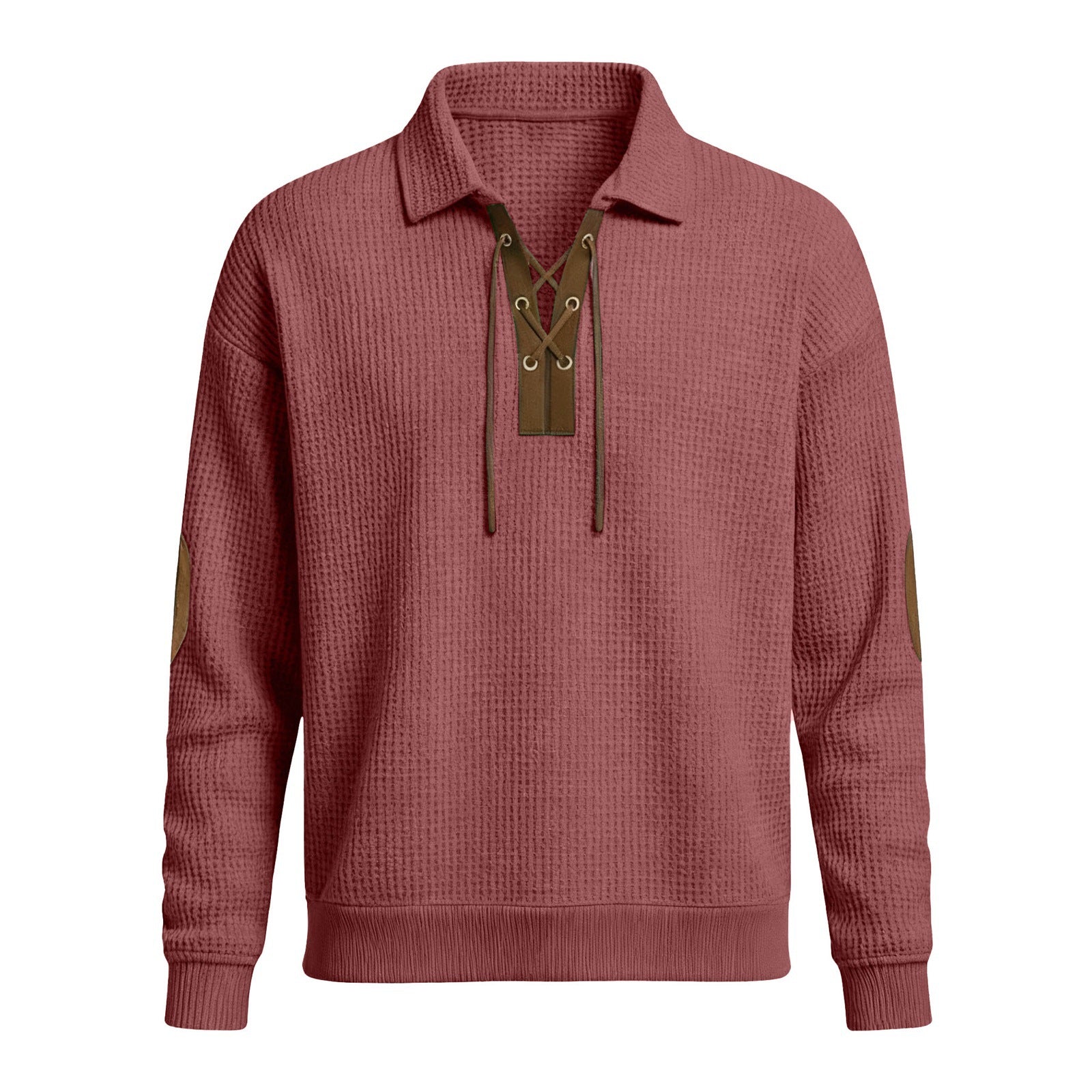 Men's oversized knit sweatshirt, wine red collared hood with drawstrings