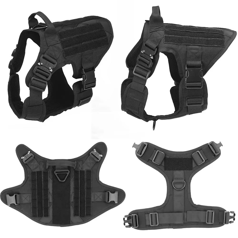 Tactical nylon dog harness set in black, shown front and side with padded chest panel