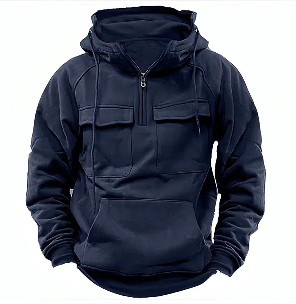 Navy zip-up hoodie with hood and front zip, flap chest pockets, kangaroo pocket