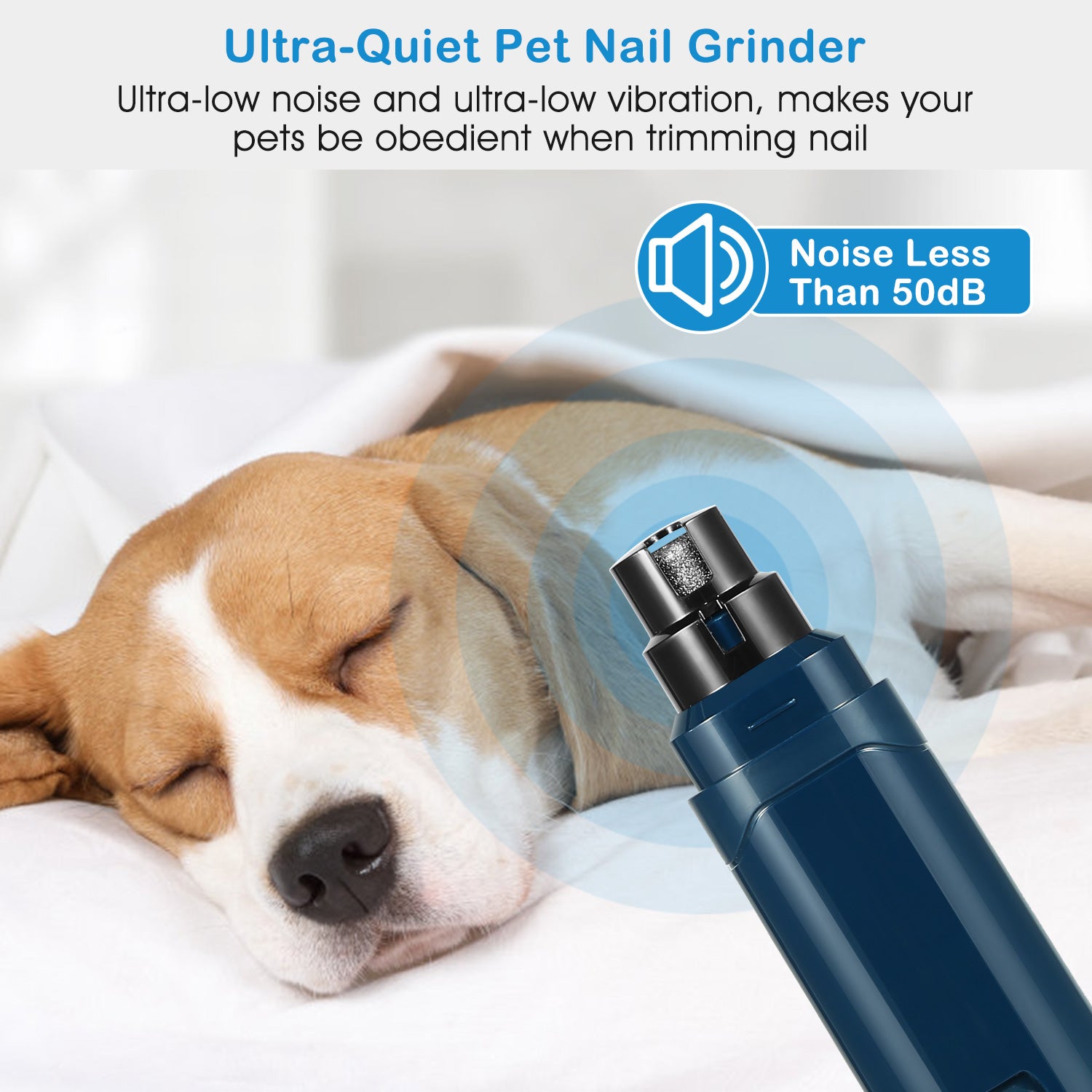Blue ultra-quiet pet nail grinder with black head near a resting dog