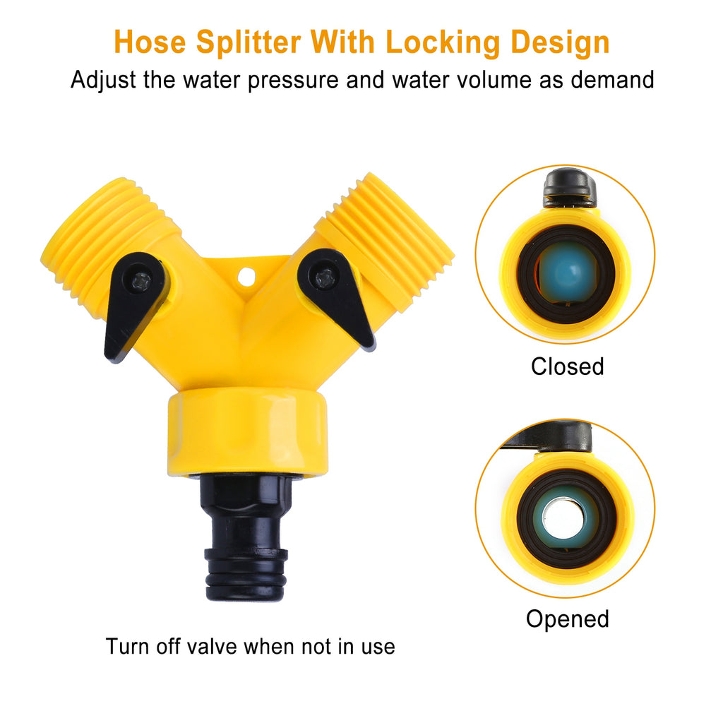 Yellow hose splitter with locking valve for dog water fountain hookup