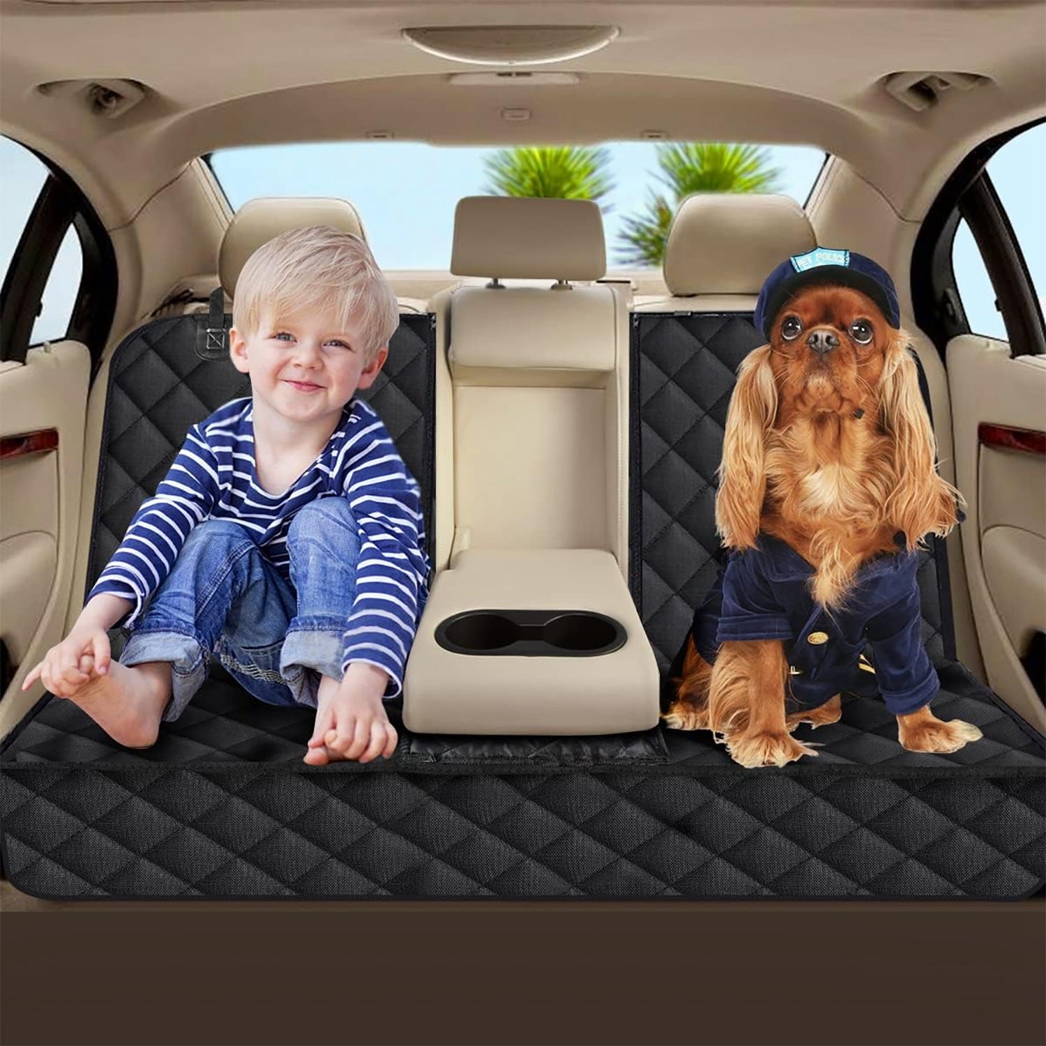 Black quilted dog car seat cover on back seat with central armrest cutout