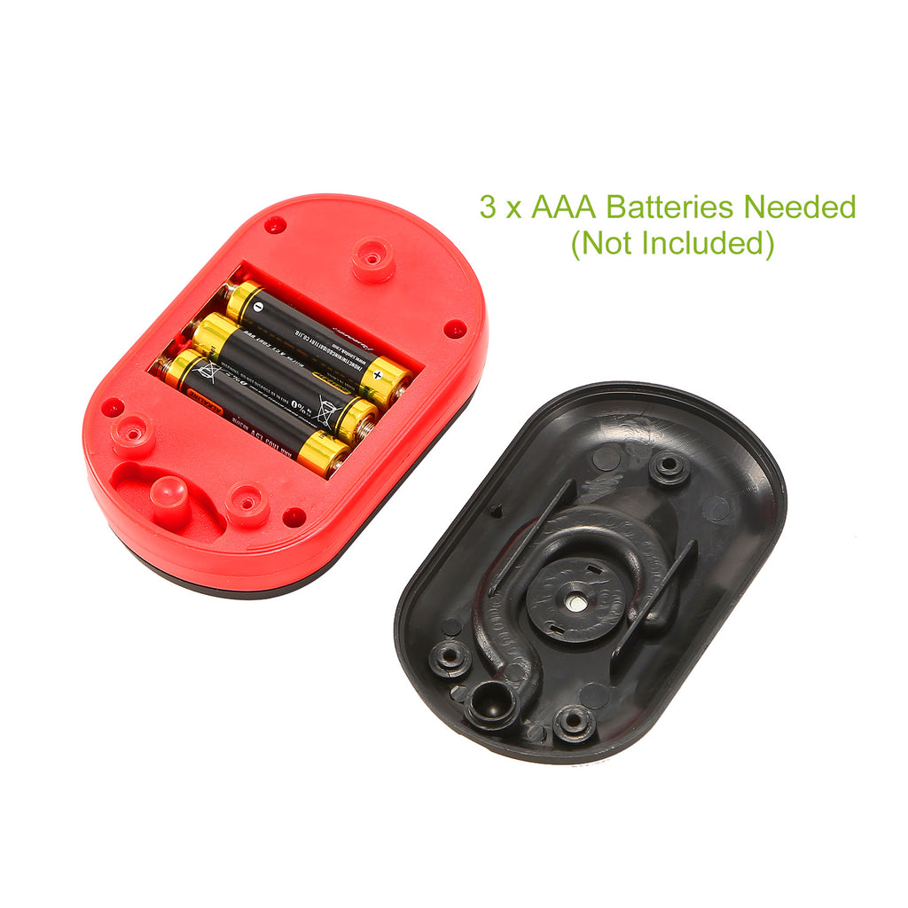 LED work light battery compartment, red base with open cover and black insert
