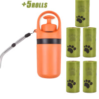 Orange dog poop bag dispenser with strap, shown with multiple green bag rolls