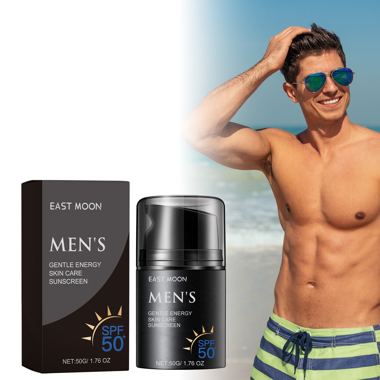 SPF 50 men’s sunscreen box and black pump bottle with man wearing sunglasses