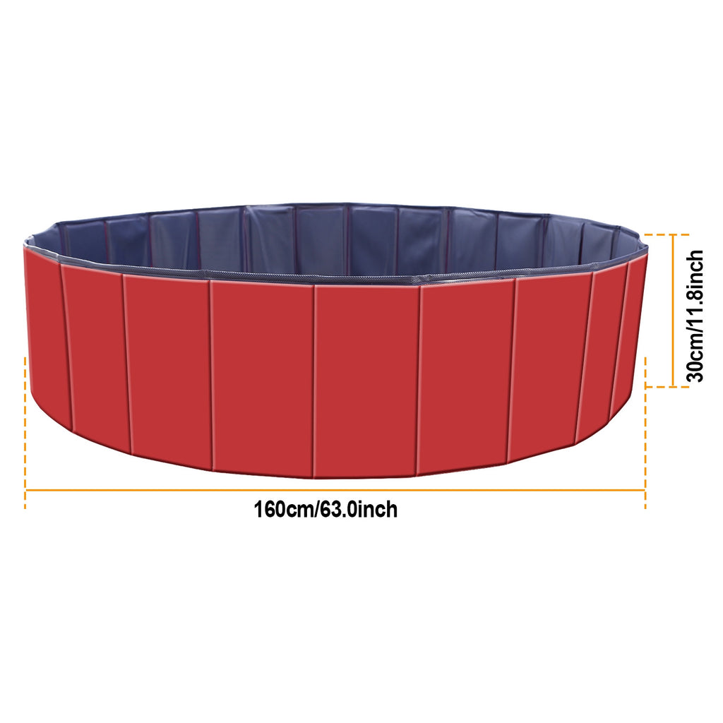 Red foldable pet swimming pool with dark blue rim, 160 cm diameter and height markers