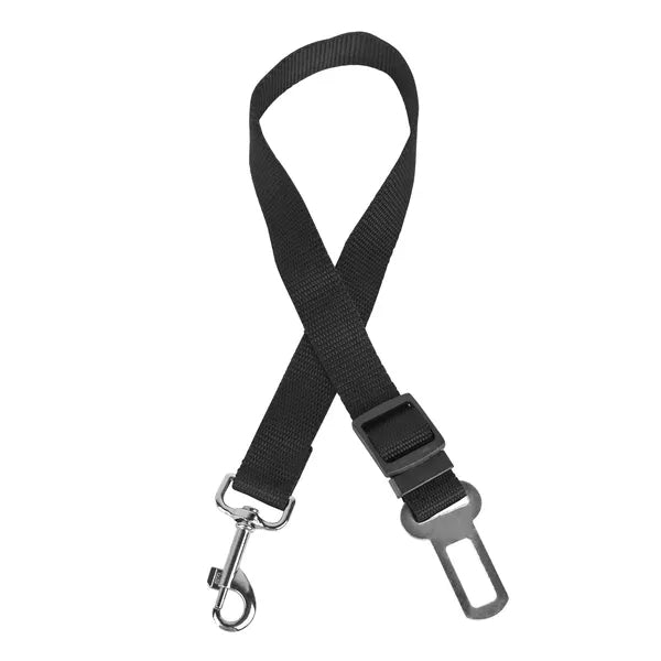 Black adjustable dog seat belt leash strap with metal clip and side-release buckle