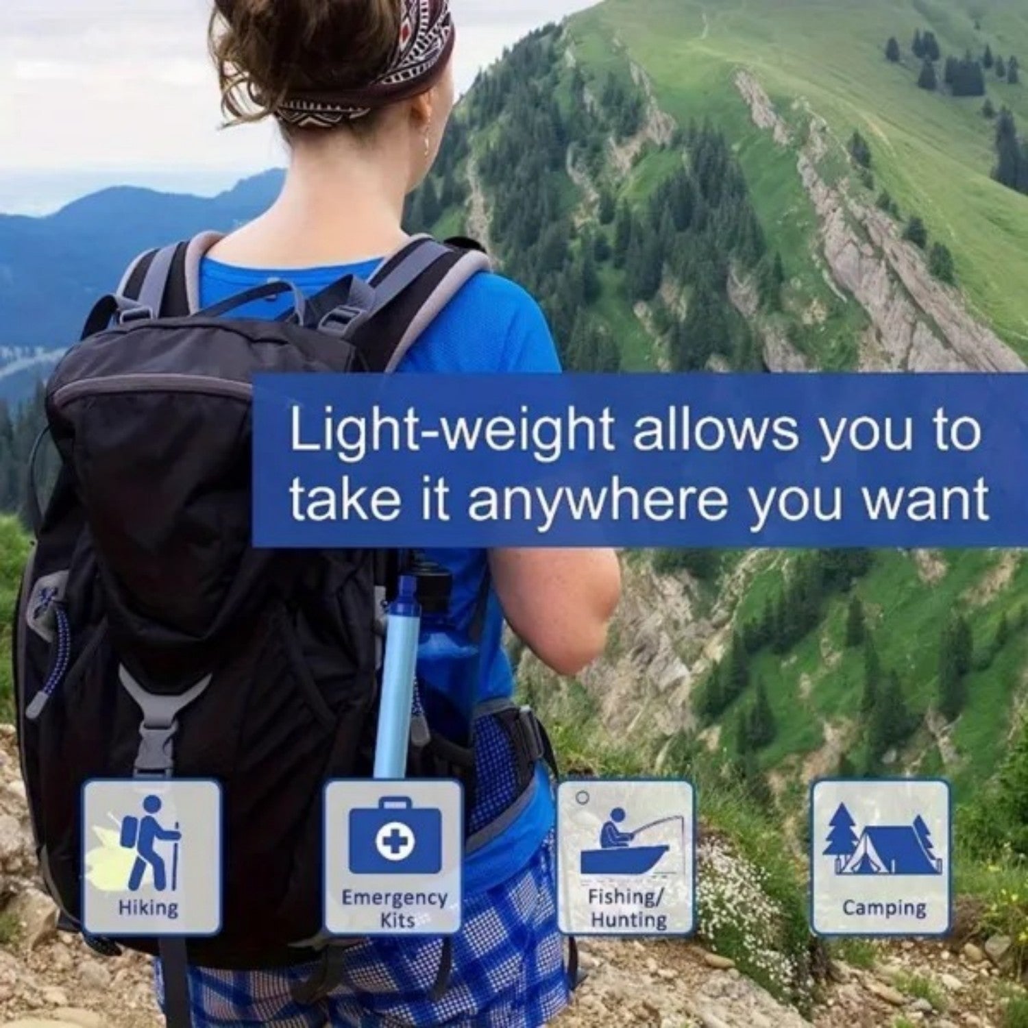 Blue portable pump water filter attached to backpack with hose and outlet