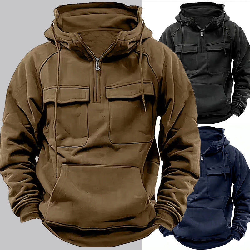 Tan zip-up hoodie with hood, front zip, flap chest pockets, kangaroo pocket