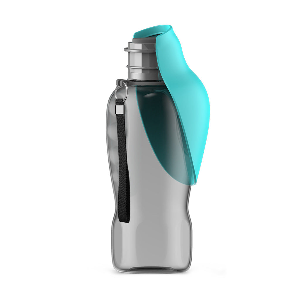 Foldable dog water bottle with integrated bowl, teal lid, gray body and strap