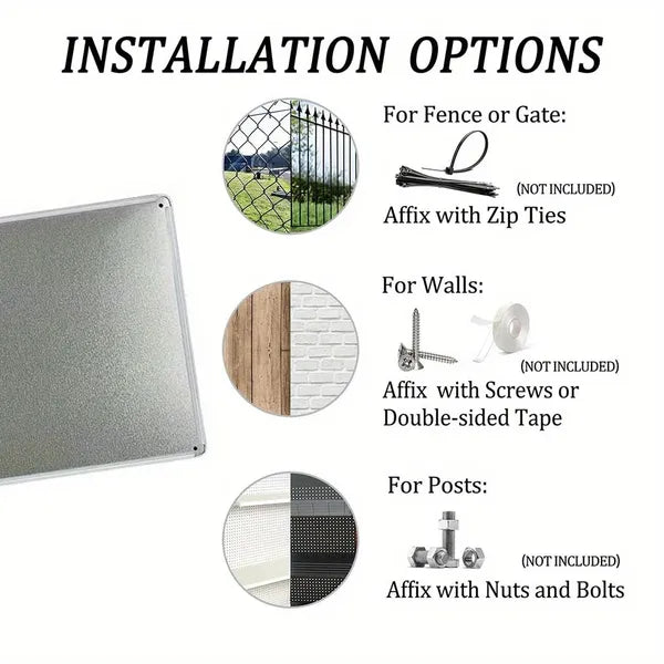 Metal tin sign installation options diagram for fences, walls, and posts with zip ties or screws