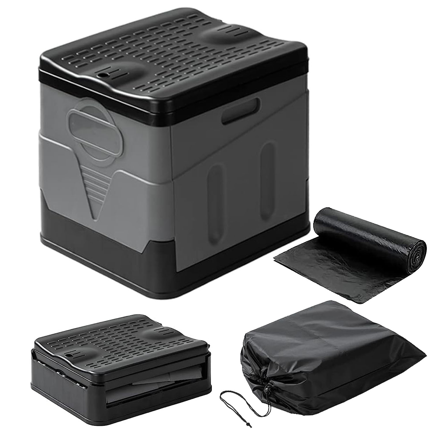 Grey foldable portable toilet with vented lid and integrated carrying handle
