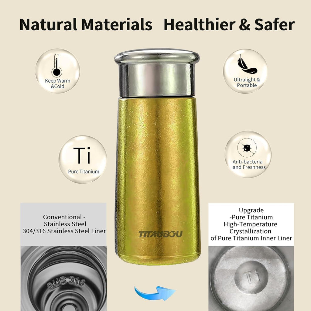 Gold vacuum insulated titanium water cup with stainless lid, vacuum insulated double wall
