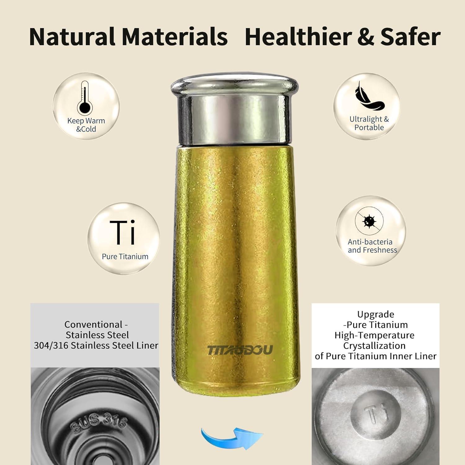 Gold vacuum insulated titanium water cup with stainless lid, vacuum insulated double wall