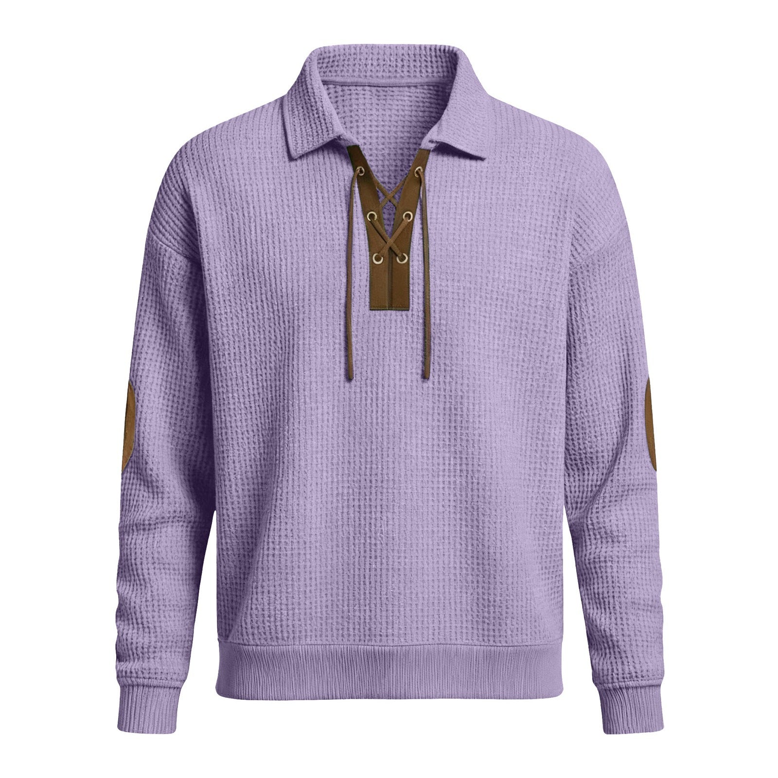 Men's oversized knit sweatshirt, purple collared hood with drawstrings