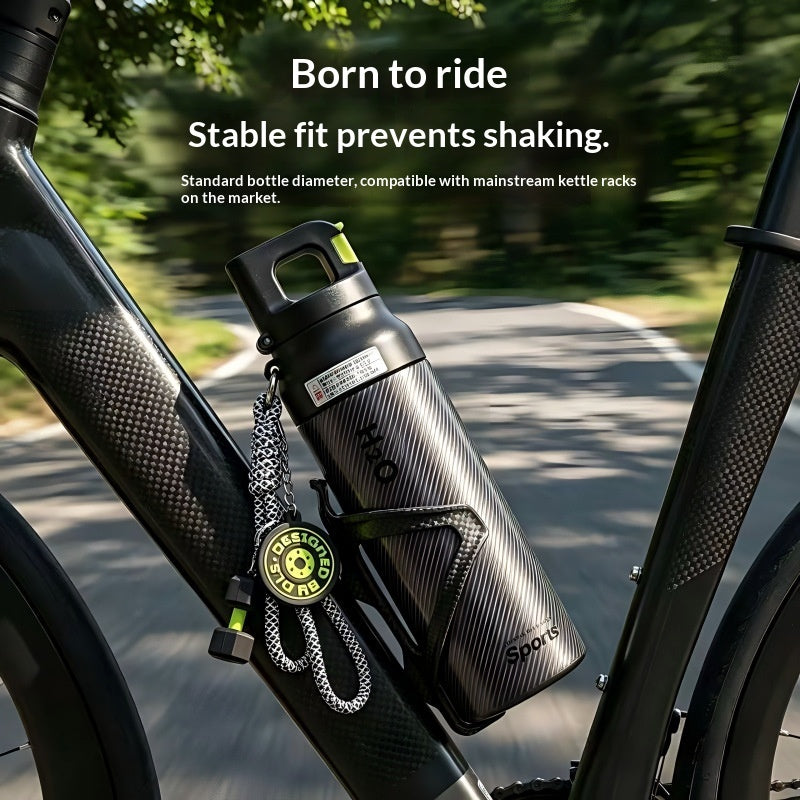 Black ribbed water bottle with quick-open lid and chain strap