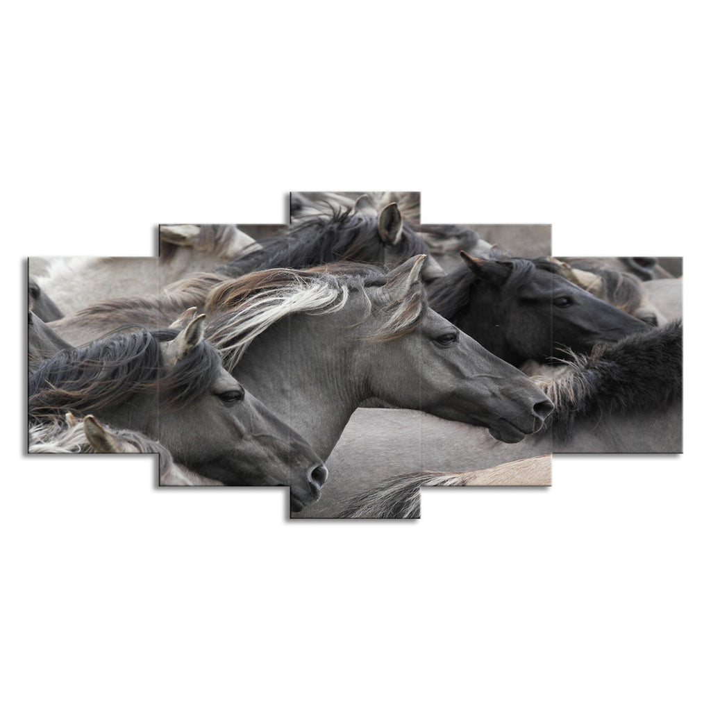 5-piece canvas wall art featuring a grayscale horse head across five connected panels