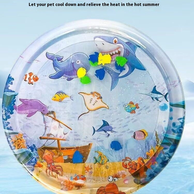 Inflatable pet water cooling bed, round clear ice pad with multicolor sea creature print