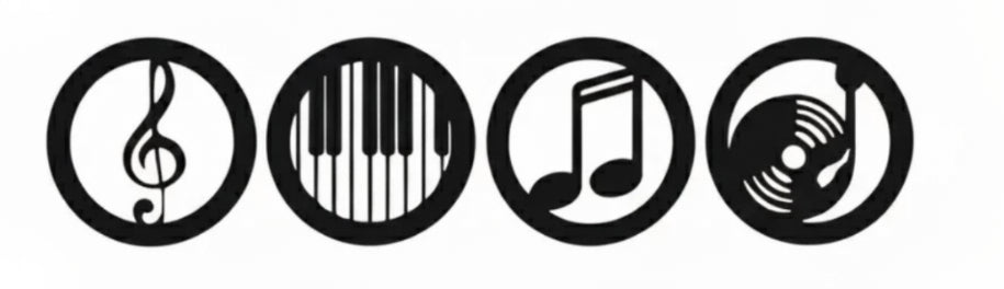 Set of 4 round wooden wall plaques with music symbols in black circles