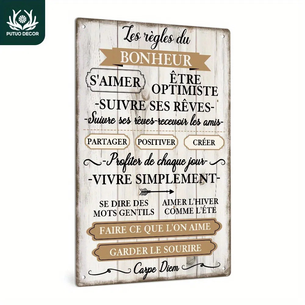 Rectangular French inspirational metal wall sign with distressed cream finish and quote panels