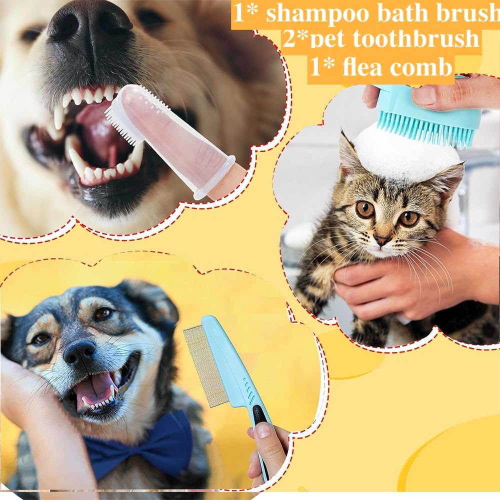 Pet grooming tools: blue bath brush, pet toothbrush, and flea comb