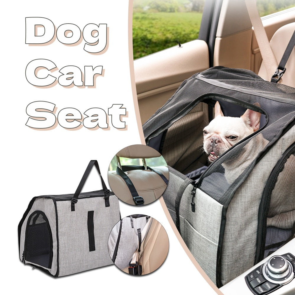 Gray foldable pet car crate with front mesh window and open top seat area
