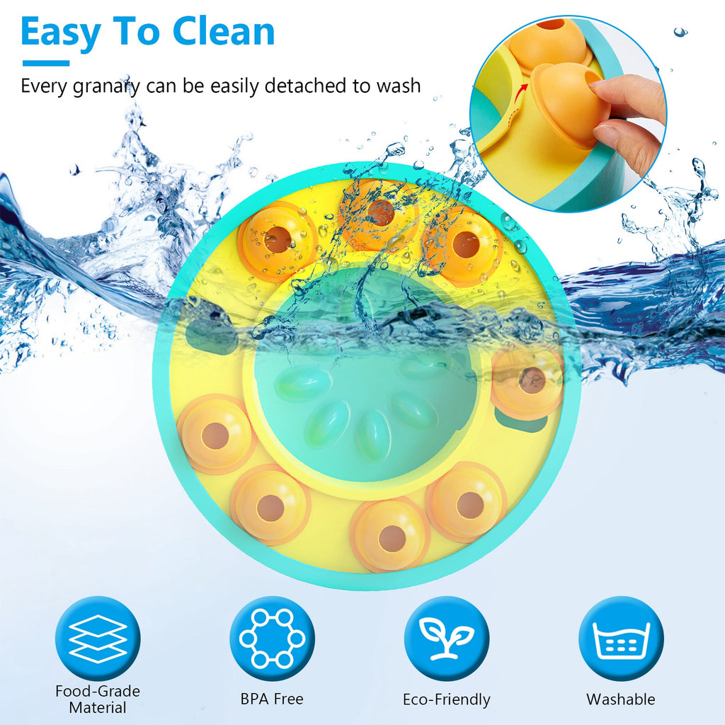 Easy-clean slow-feeder dog bowl with blue ring, yellow base, and green paw pad