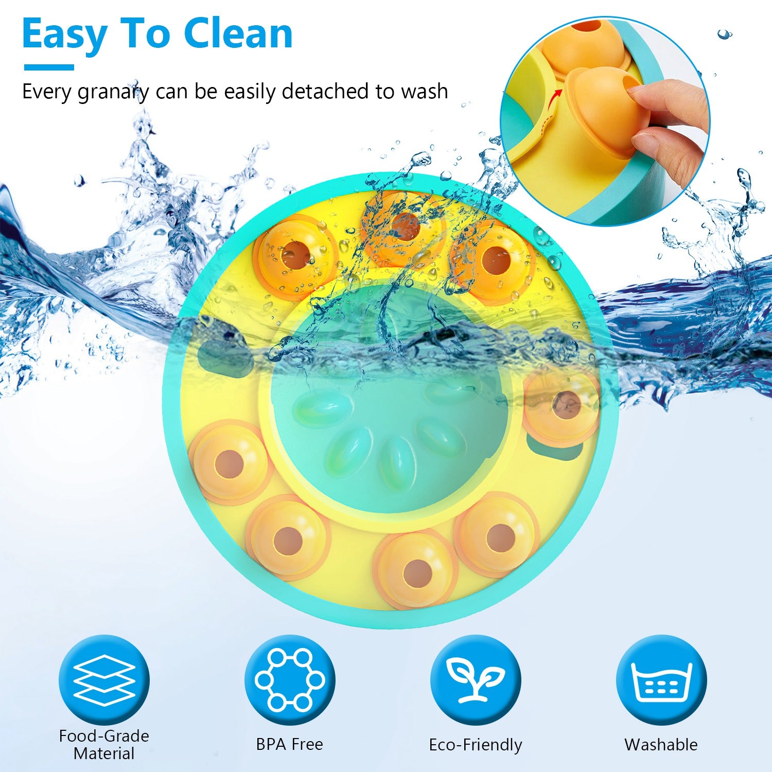 Easy-clean slow-feeder dog bowl with blue ring, yellow base, and green paw pad