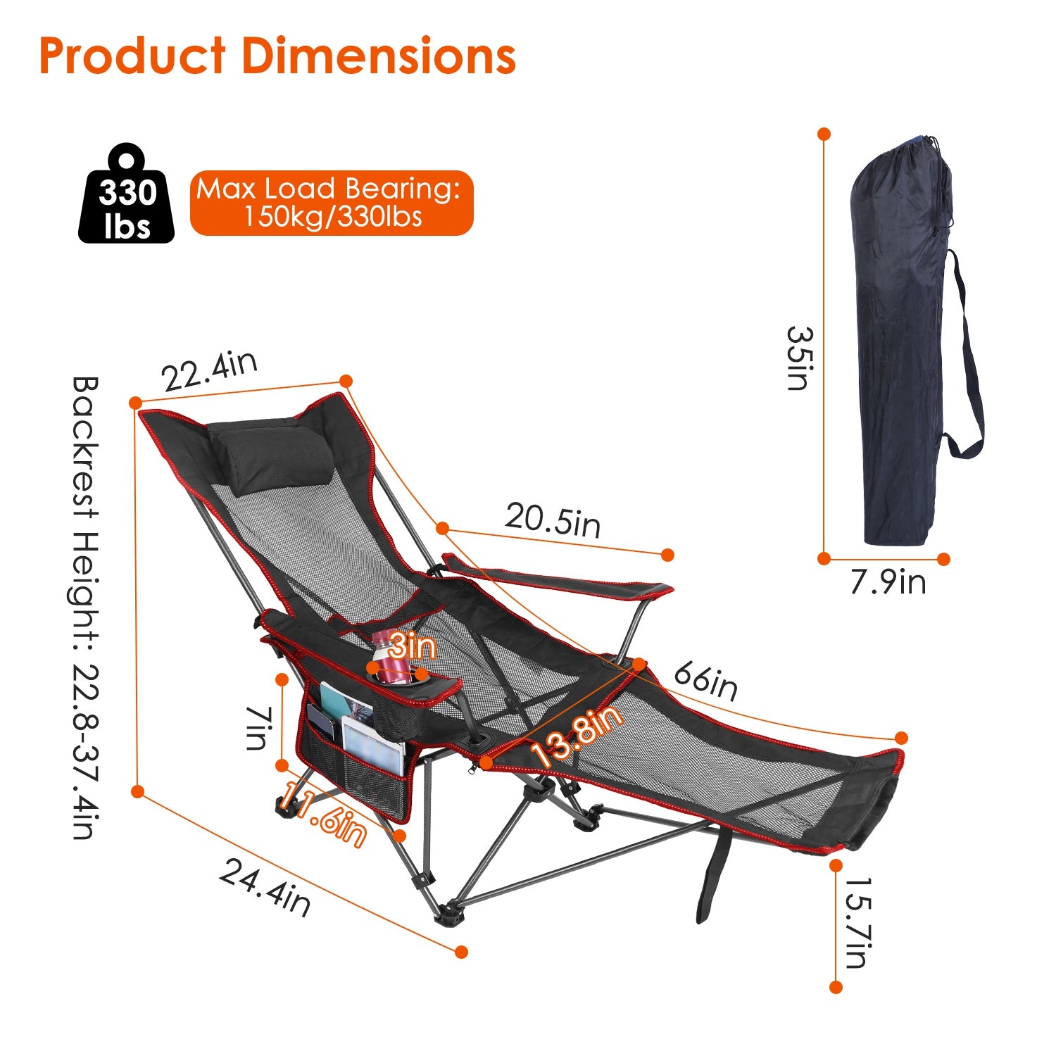 Black folding recliner camping chair with padded headrest, mesh seat, and cup-holder tray