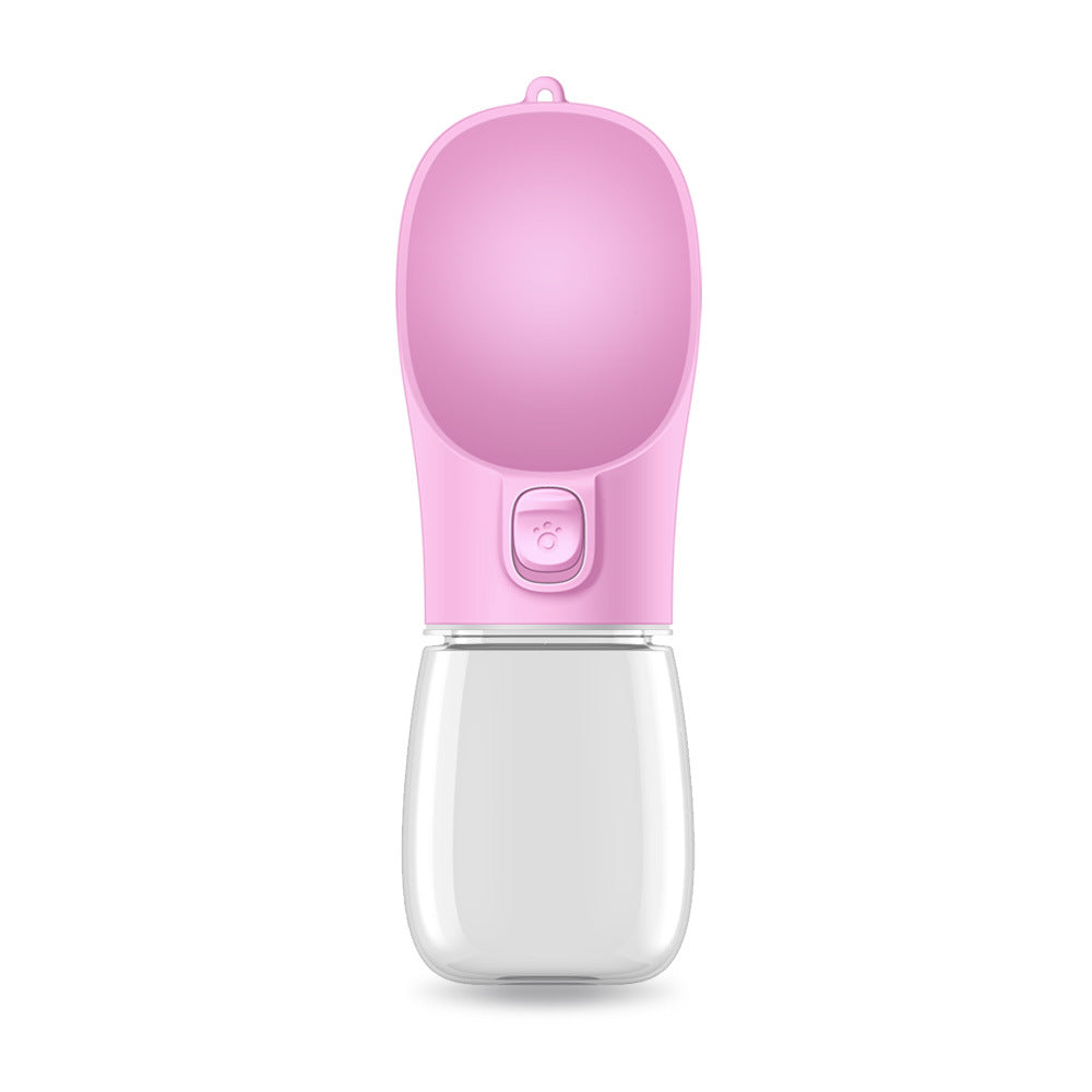 Foldable dog water bottle with integrated bowl, pink lid and white base