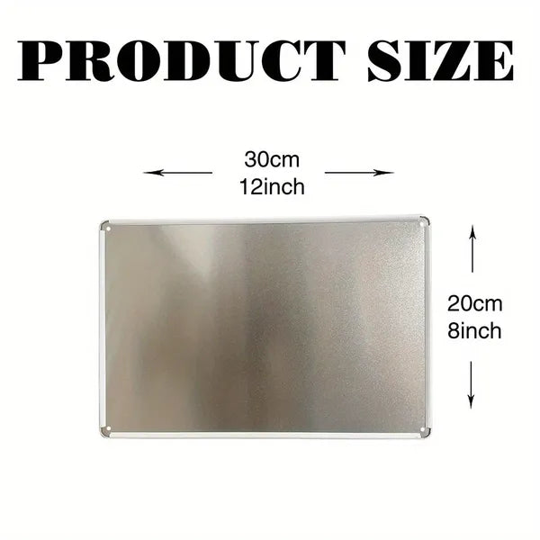 Metal tin sign size diagram showing 30cm (12in) wide and 20cm (8in) tall