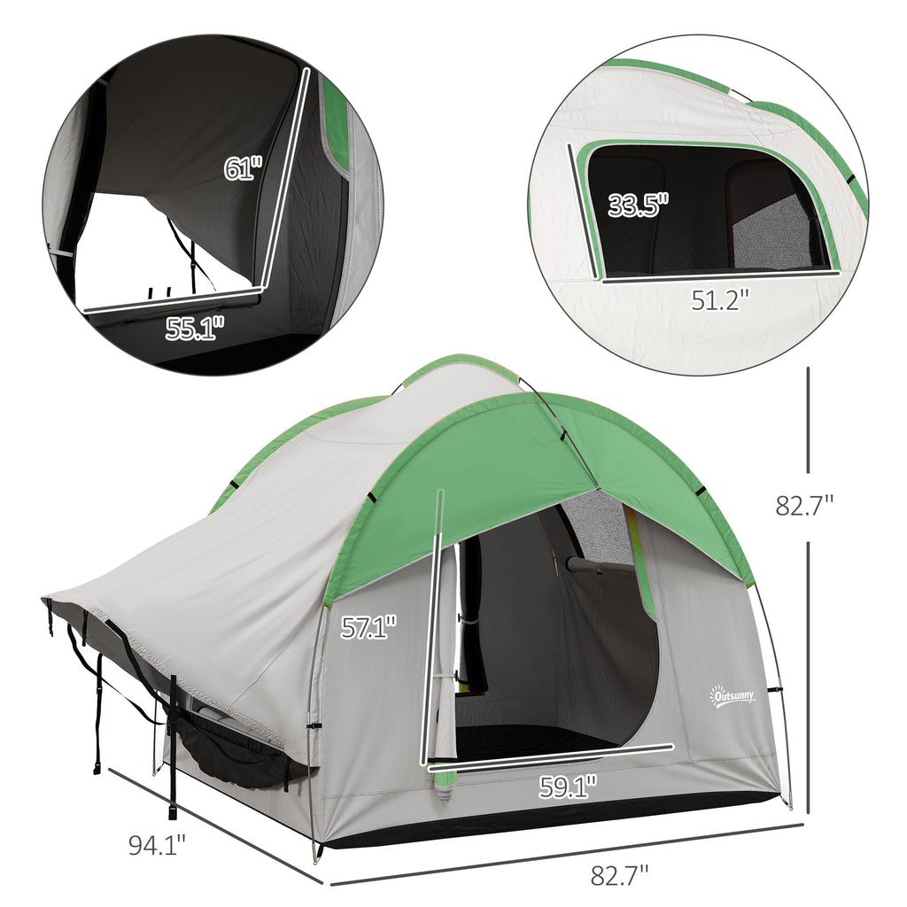 Green and gray car tent diagram with mesh doorway and labeled measurements