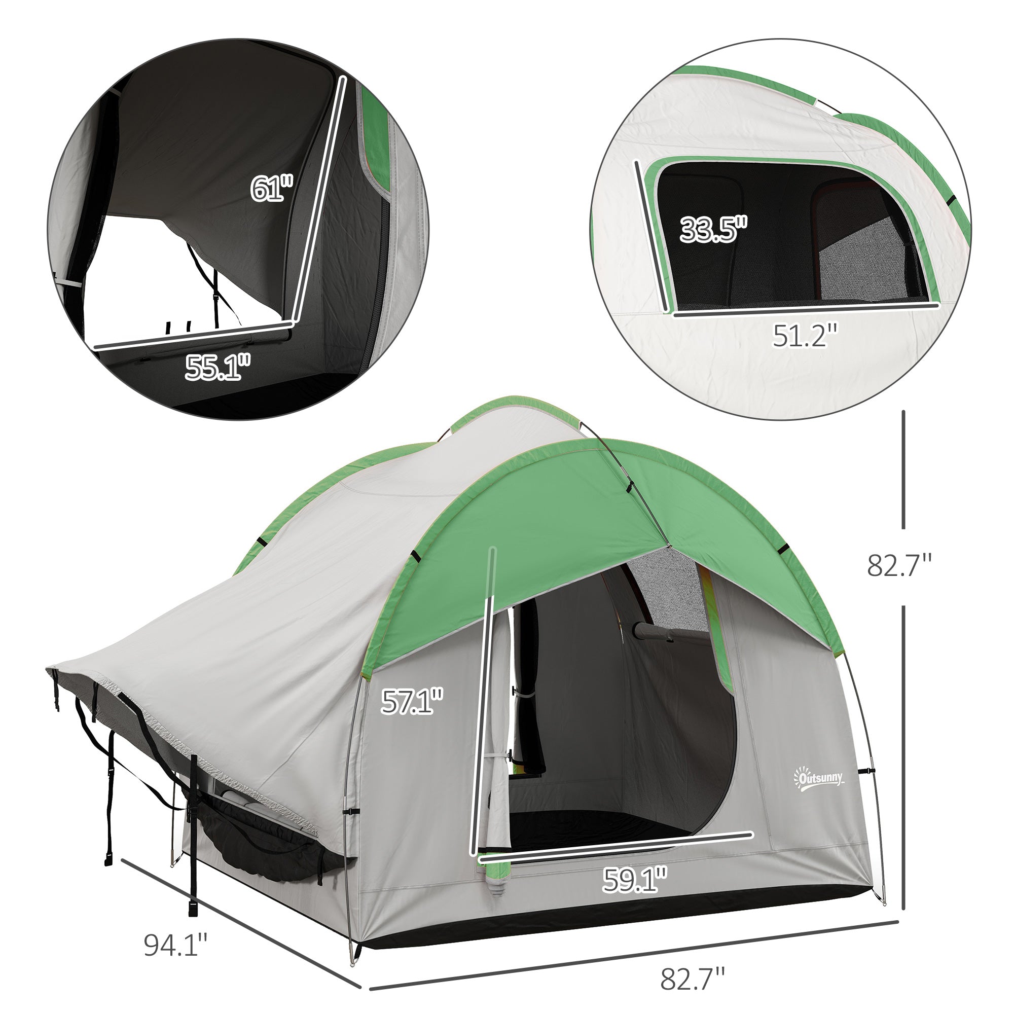 Green and gray car tent diagram with mesh doorway and labeled measurements
