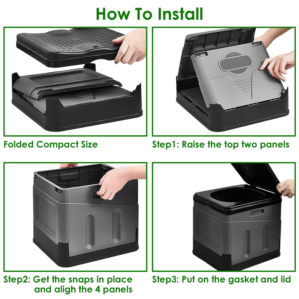 Grey foldable portable toilet with raised top panels and snap-in lid