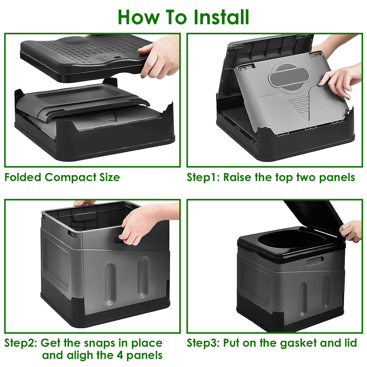 Grey foldable portable toilet with raised top panels and snap-in lid