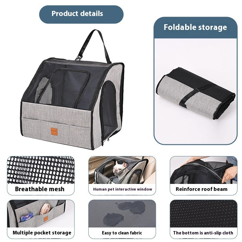 Gray foldable pet travel crate with carry handle, mesh panels, and storage pockets