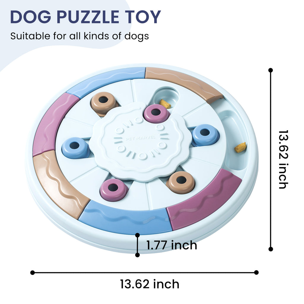 Round dog puzzle slow feeder with rotating paw center and blue, pink, tan sections