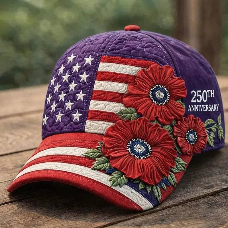 Purple baseball cap with stars-and-stripes patch and red 3D floral embroidery, “250th Anniversary”