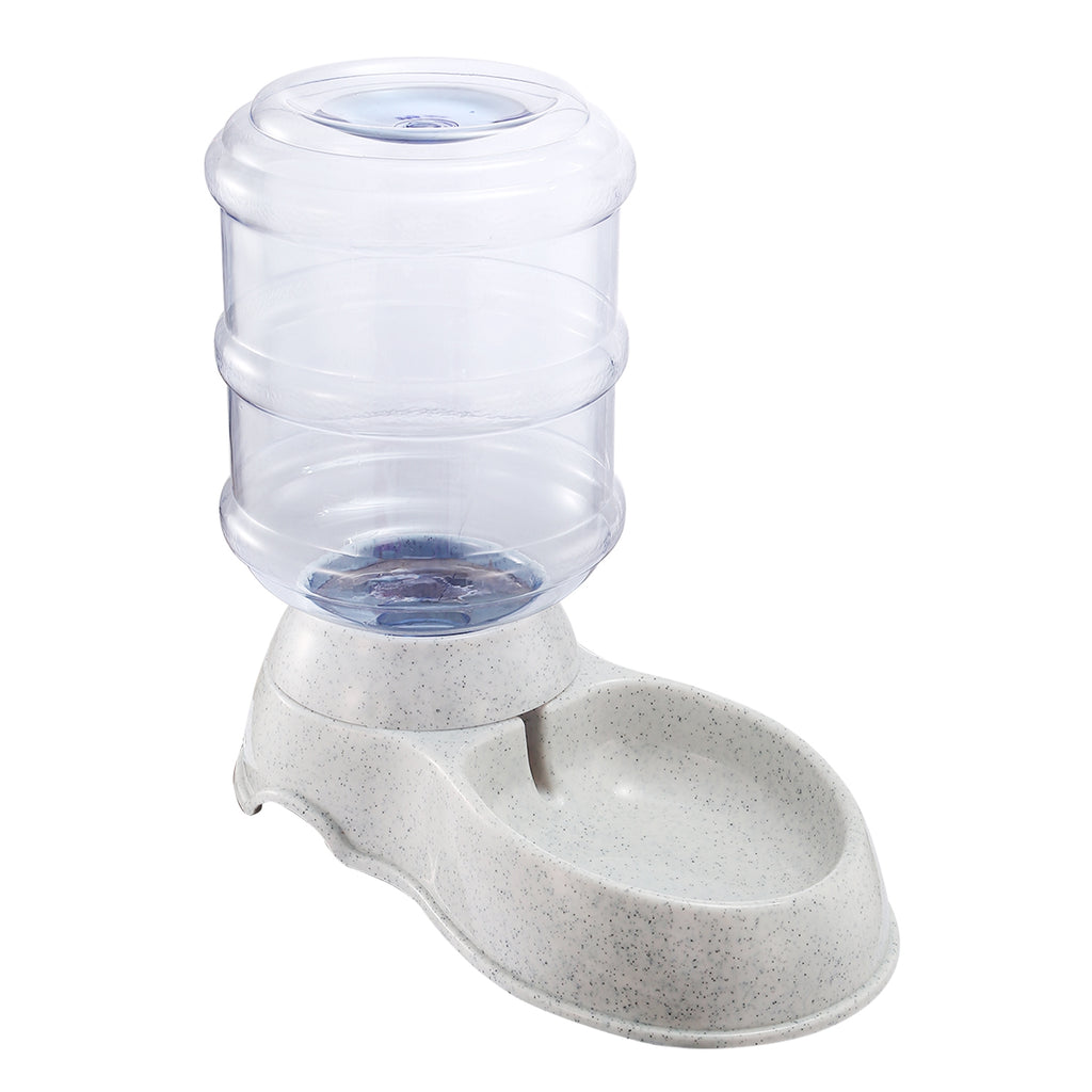 Clear-top gravity pet water dispenser with light gray bowl base