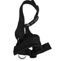 Black nylon dog muzzle with adjustable head strap and front buckle