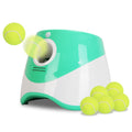 Green and white automatic dog ball launcher with front chute and tennis balls