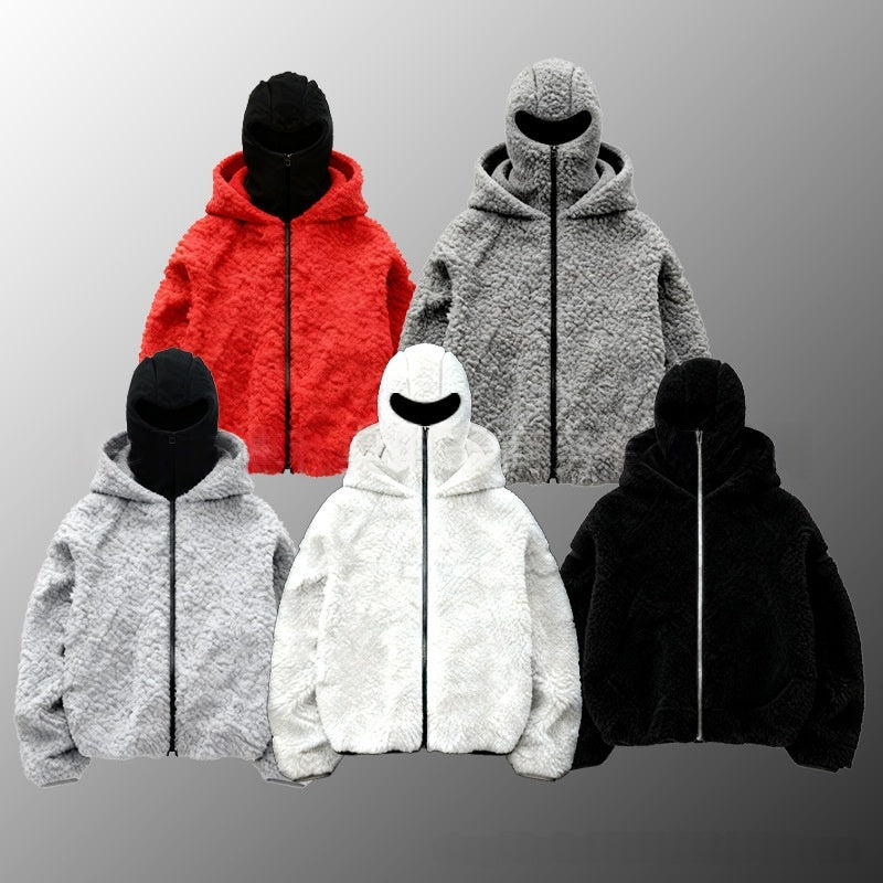 Fleece-lined double hood sweatshirt set with front zipper, shown in black and other colors