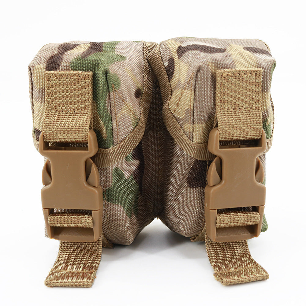 Multi-functional bag in tan and green camouflage fabric with two side buckles and straps