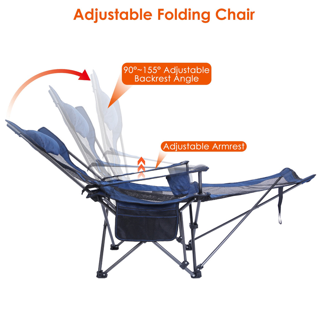 Adjustable folding recliner chair with padded armrests, reclining backrest, and cup holder