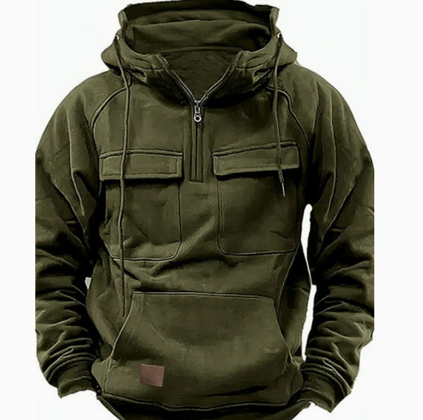 Army green zip-up fleece hoodie with drawstring hood and kangaroo pocket