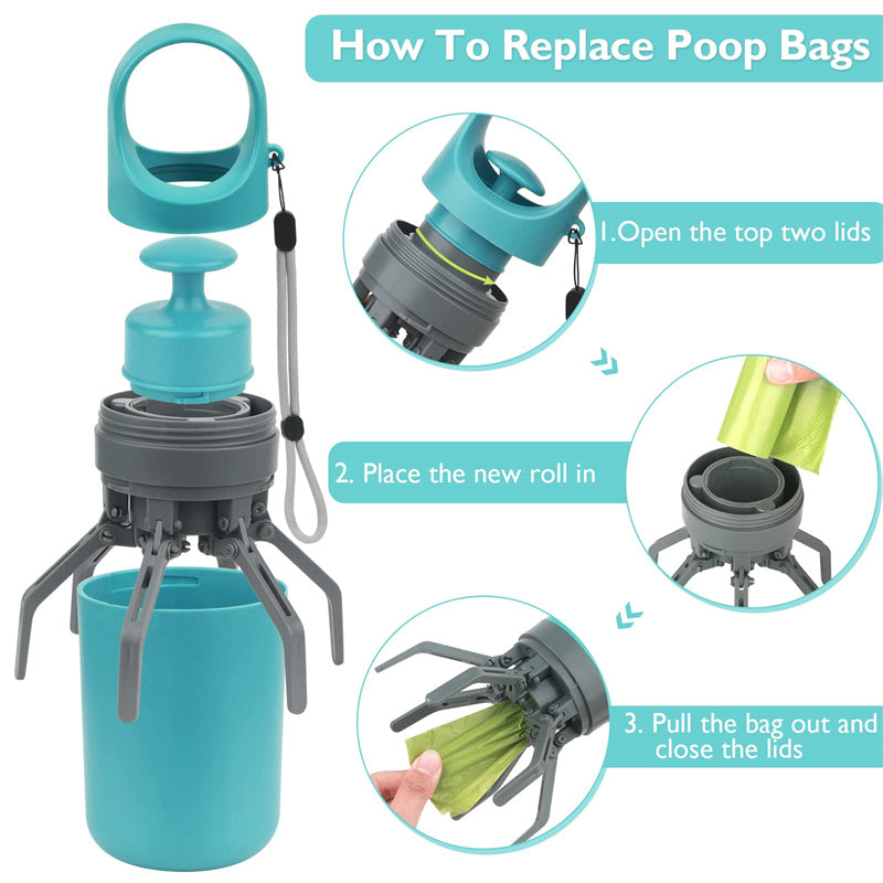 Dog poop scooper kit with replaceable bag roll inside the dispenser