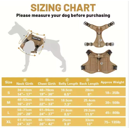 Dog harness sizing chart with neck, chest, and belly measurement guide
