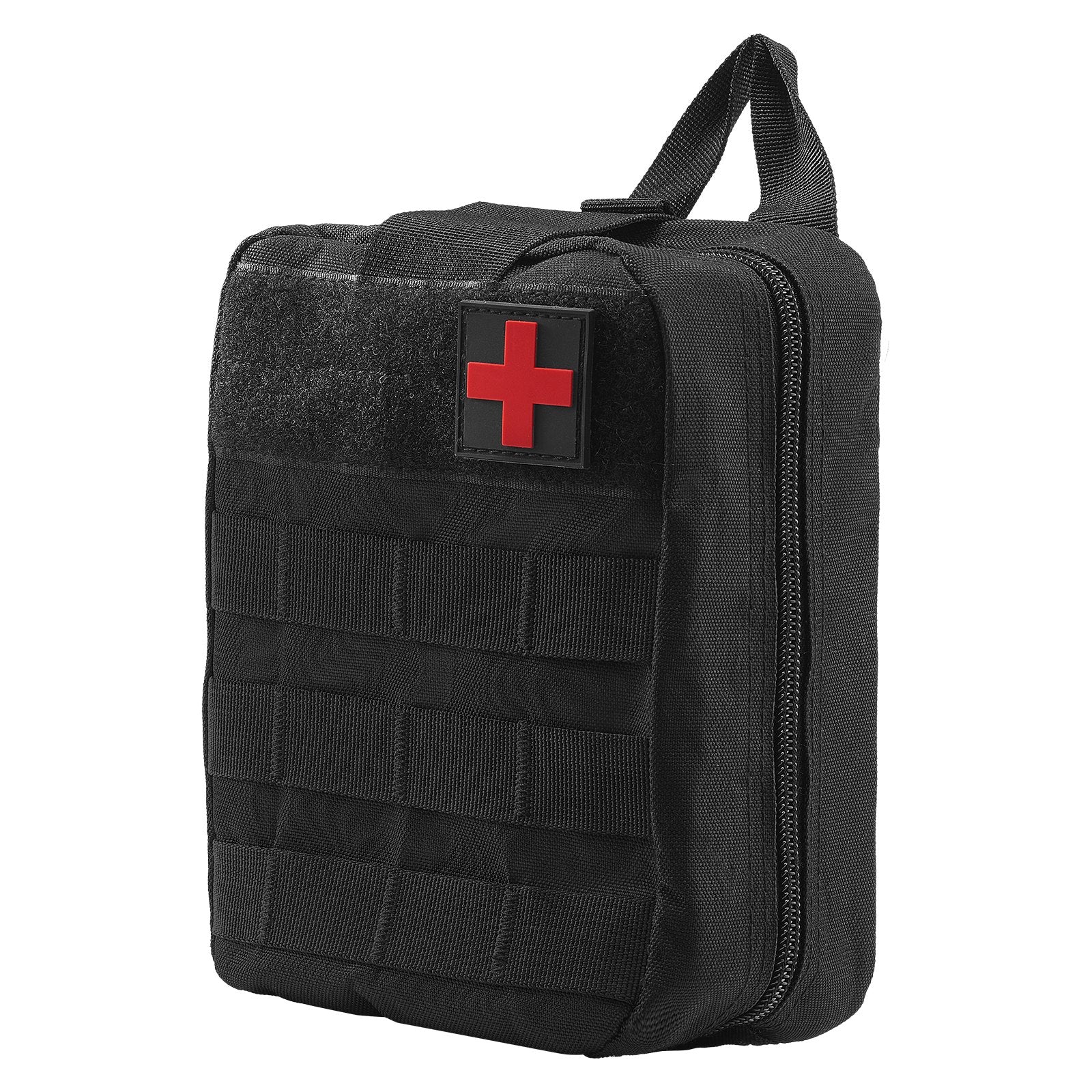 Black first aid kit bag with red cross patch and MOLLE-style webbing pockets