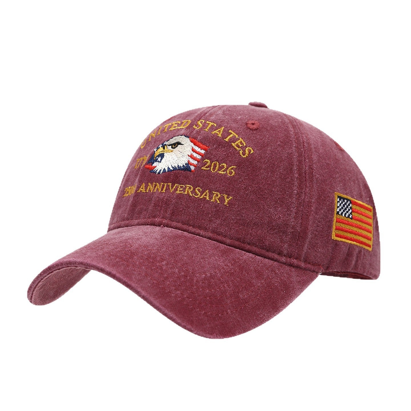 Washed canvas dad hat in maroon with “United States” eagle anniversary graphic and flag patch