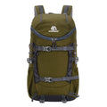 Olive green hiking backpack with front pocket and adjustable harness straps